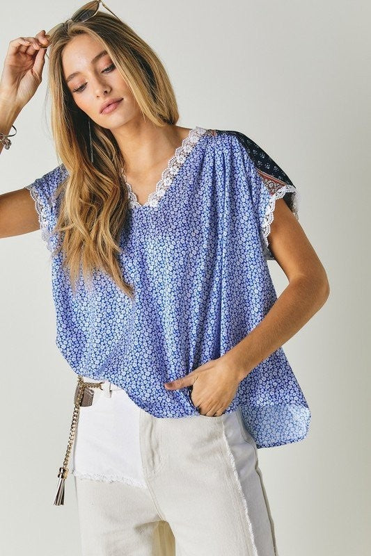Printed Lace V-Neck Short Sleeve Loose Top