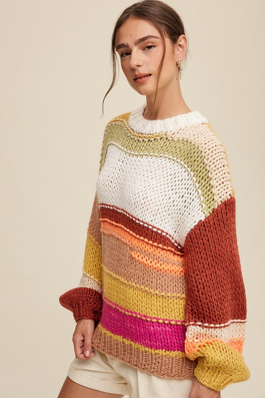 Open Mixed Knit Slouchy Hand Crochet Sweater