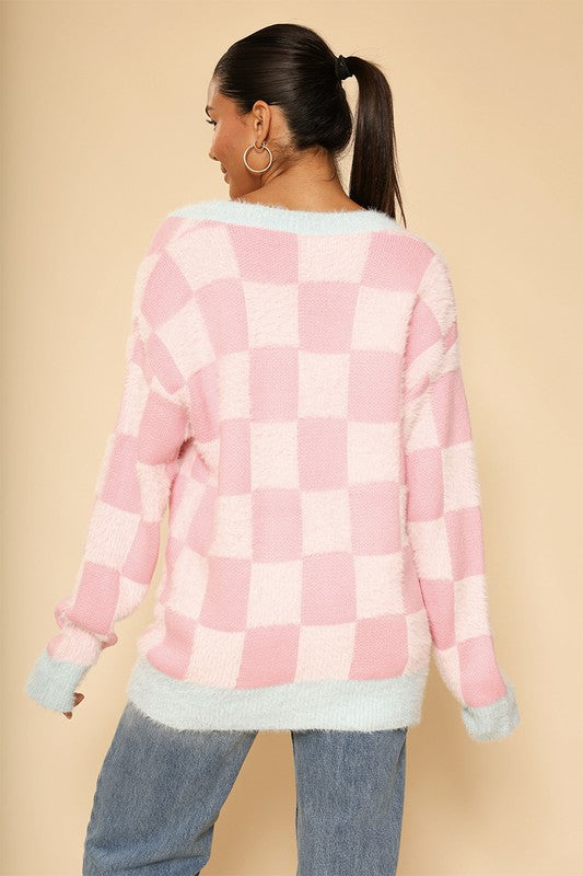 Fuzzy retro flower checkered knit cardigan