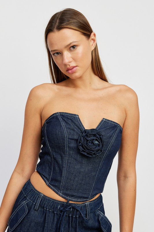 DENIM CORSET TUBE TOP WITH ROSETTE DETAIL