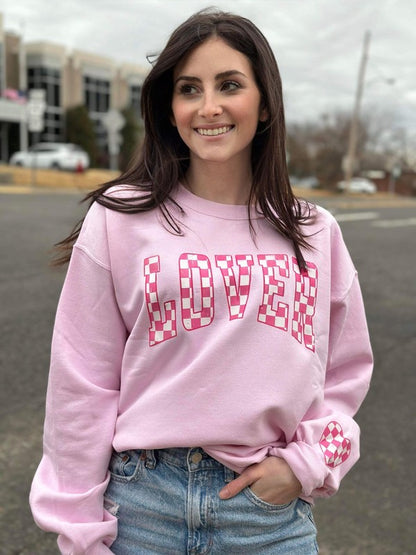 Pink Checkered Lover with Heart Sleeve Sweatshirt