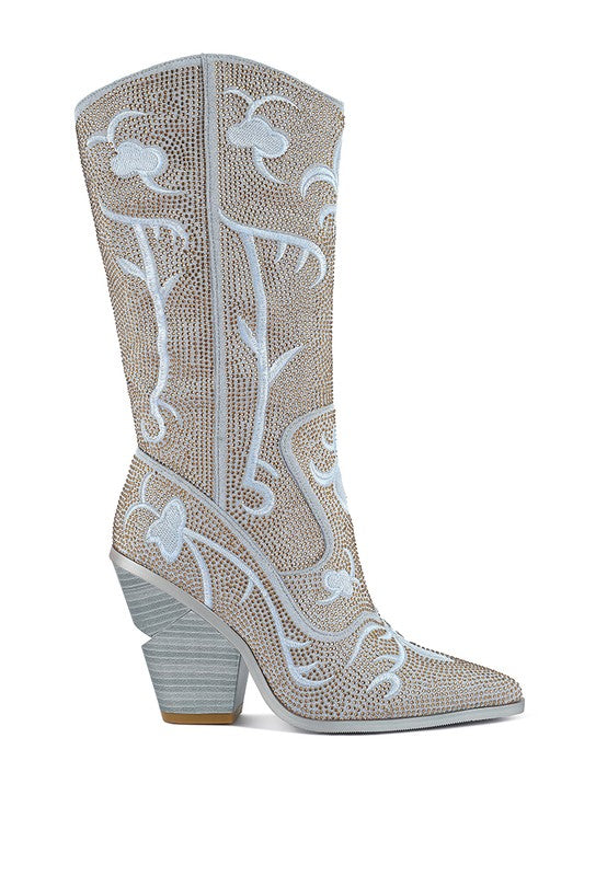 Glimmer Rhinestones Embellished Shimmer Calf Boots