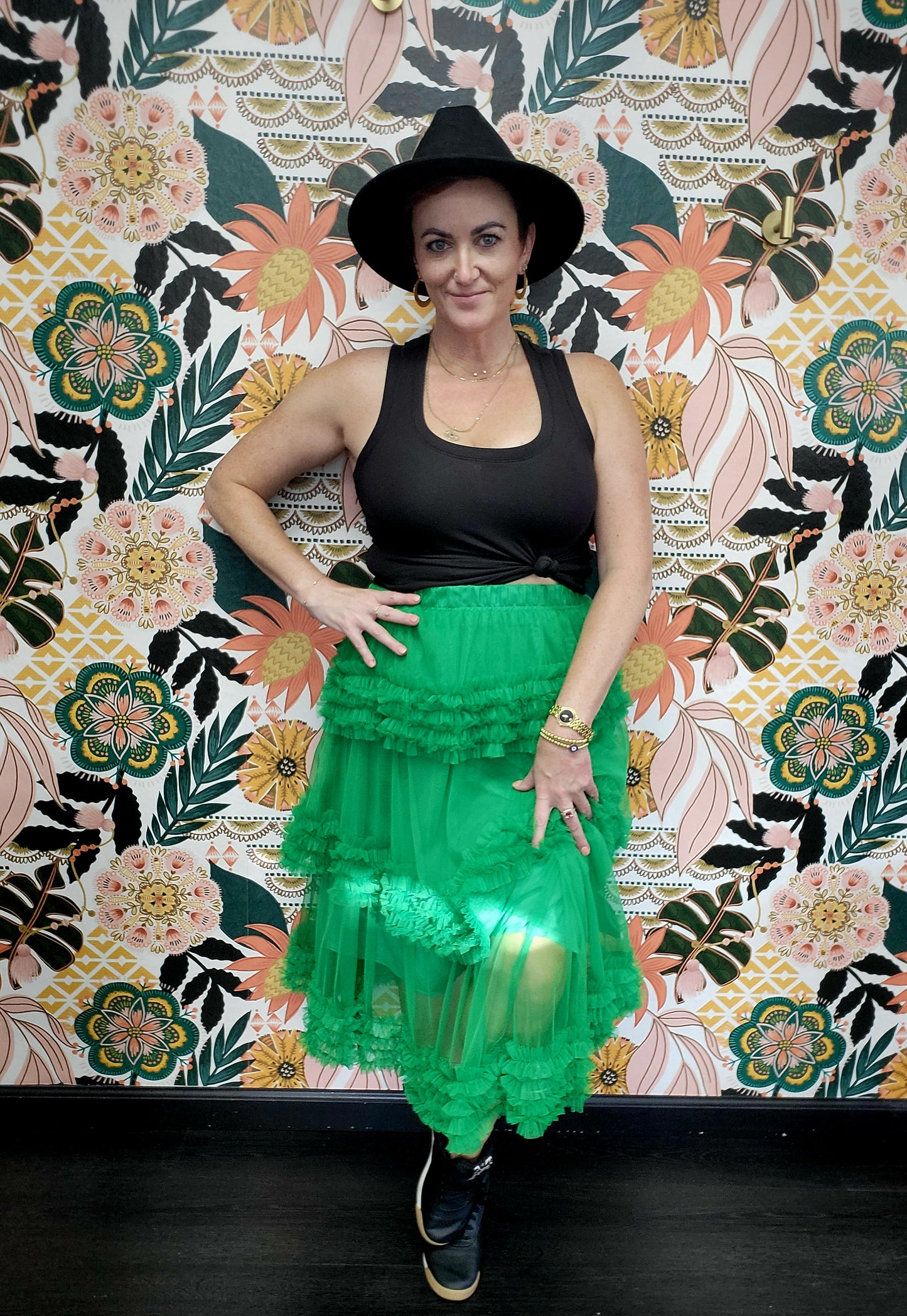 Green ruffle midi skirt