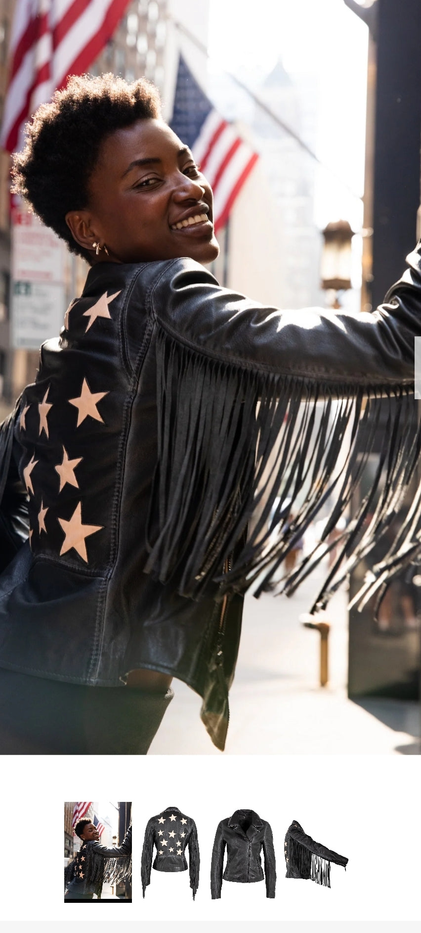 Crissy Star and Fringe Detail Leather Jacket, Black